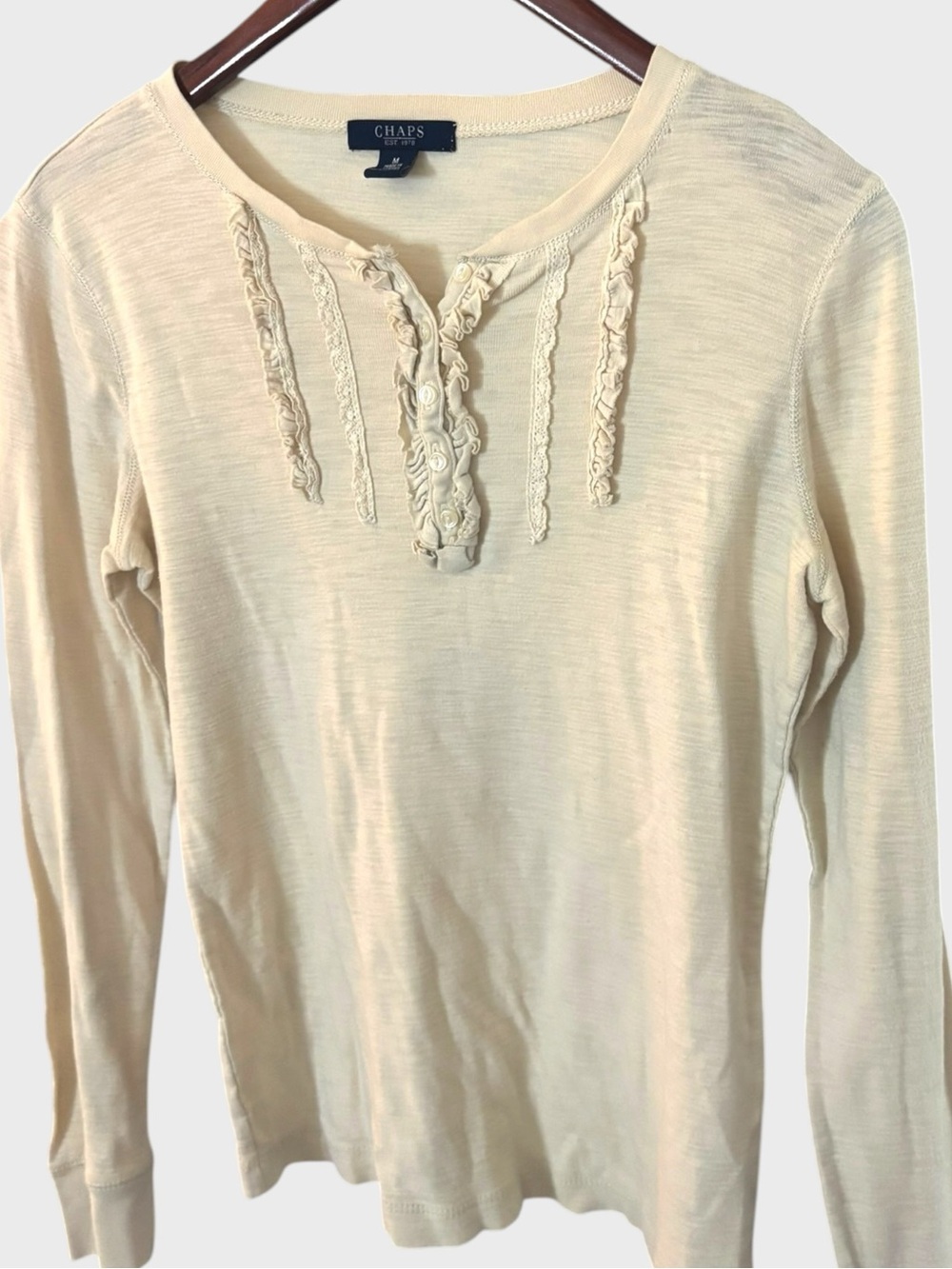 Chaps Cream Ruffle Henley Top 100% Cotton Y2K Size M - Picture 4 of 8
